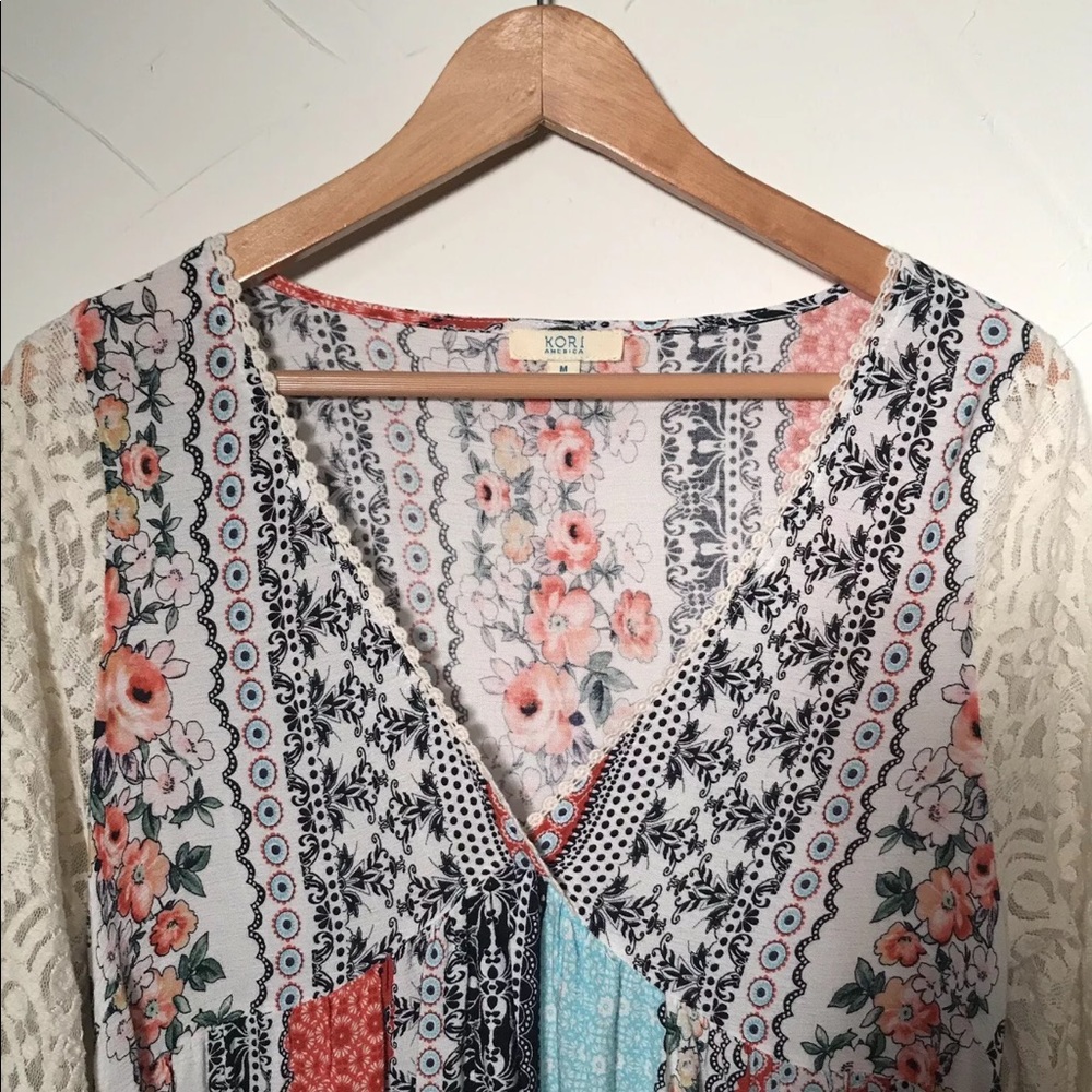 Kori America Boho Bell Sleeve Midi Dress Patchwork